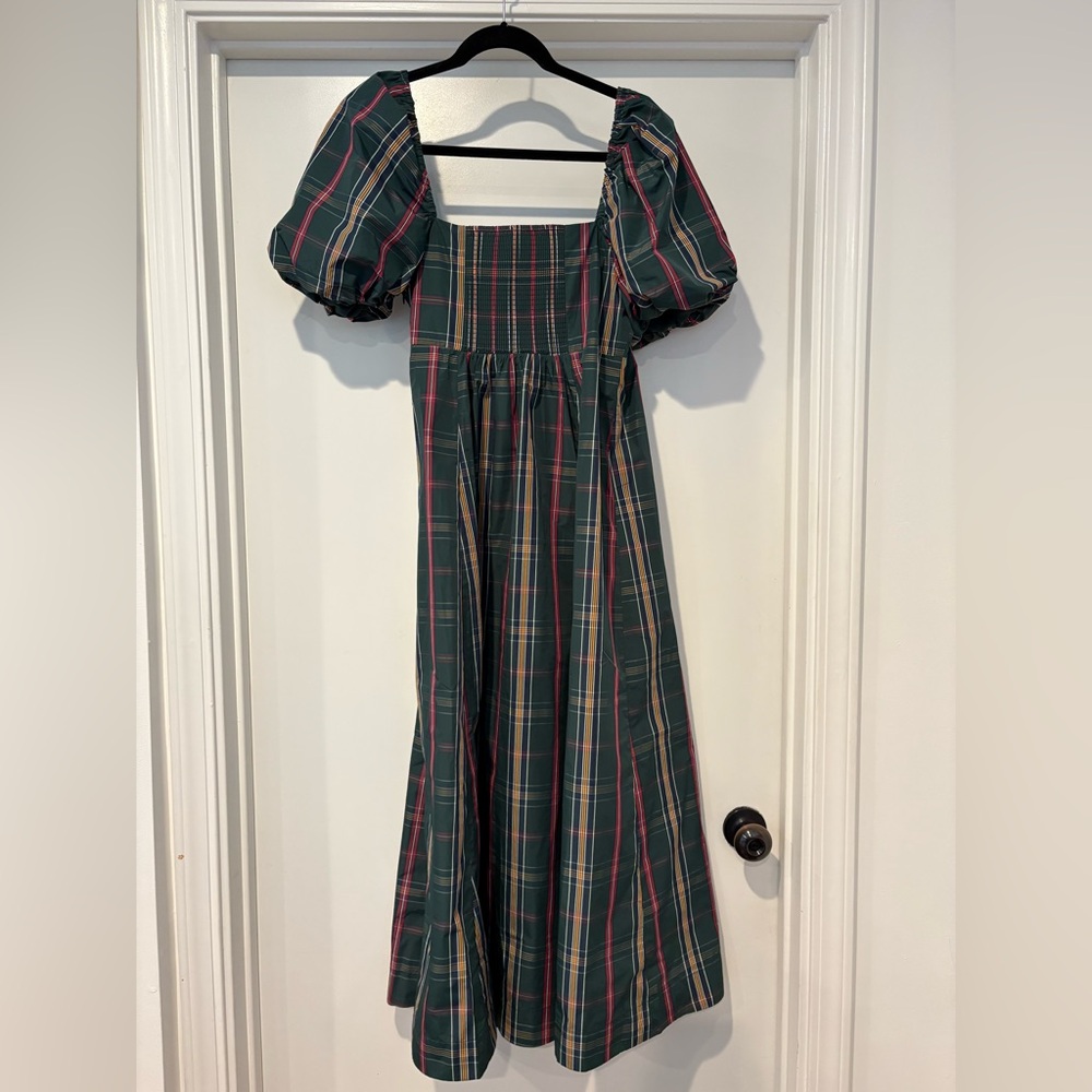 Hill House Navy Plaid Midi Dress with Puff Sleeves - Picture 4 of 5